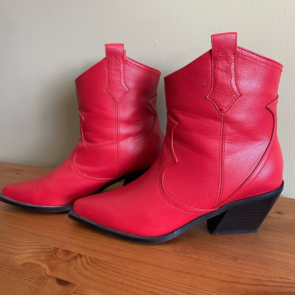 Red Leather Cowboy Ankle Boots